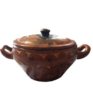 Indonesian Sasak Vintage Earthenware Bowl with Lid & Handle
